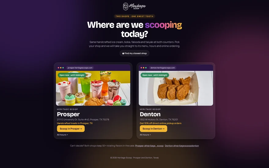 Heritage Scoop, a home page that sends visitors to either of two Texas ice cream shops